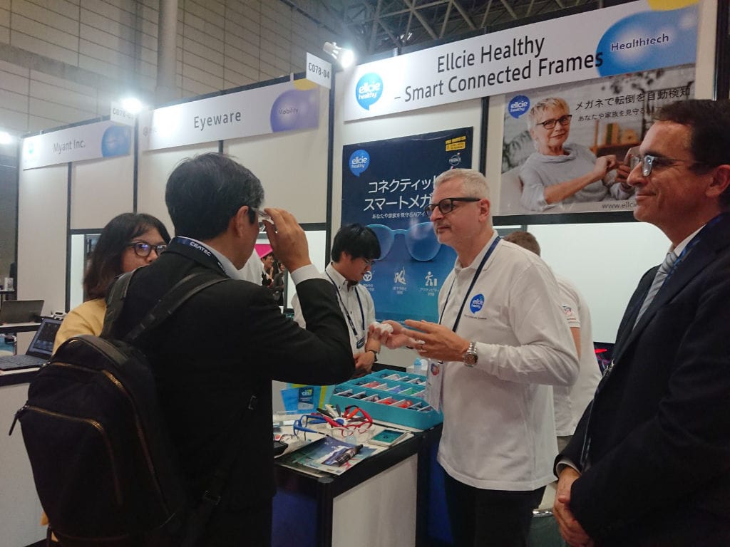 Ellcie Healthy CEO Philippe Peyrard demonstrating products to Japanese prospects at CEATEC 2019, Oct. 2019