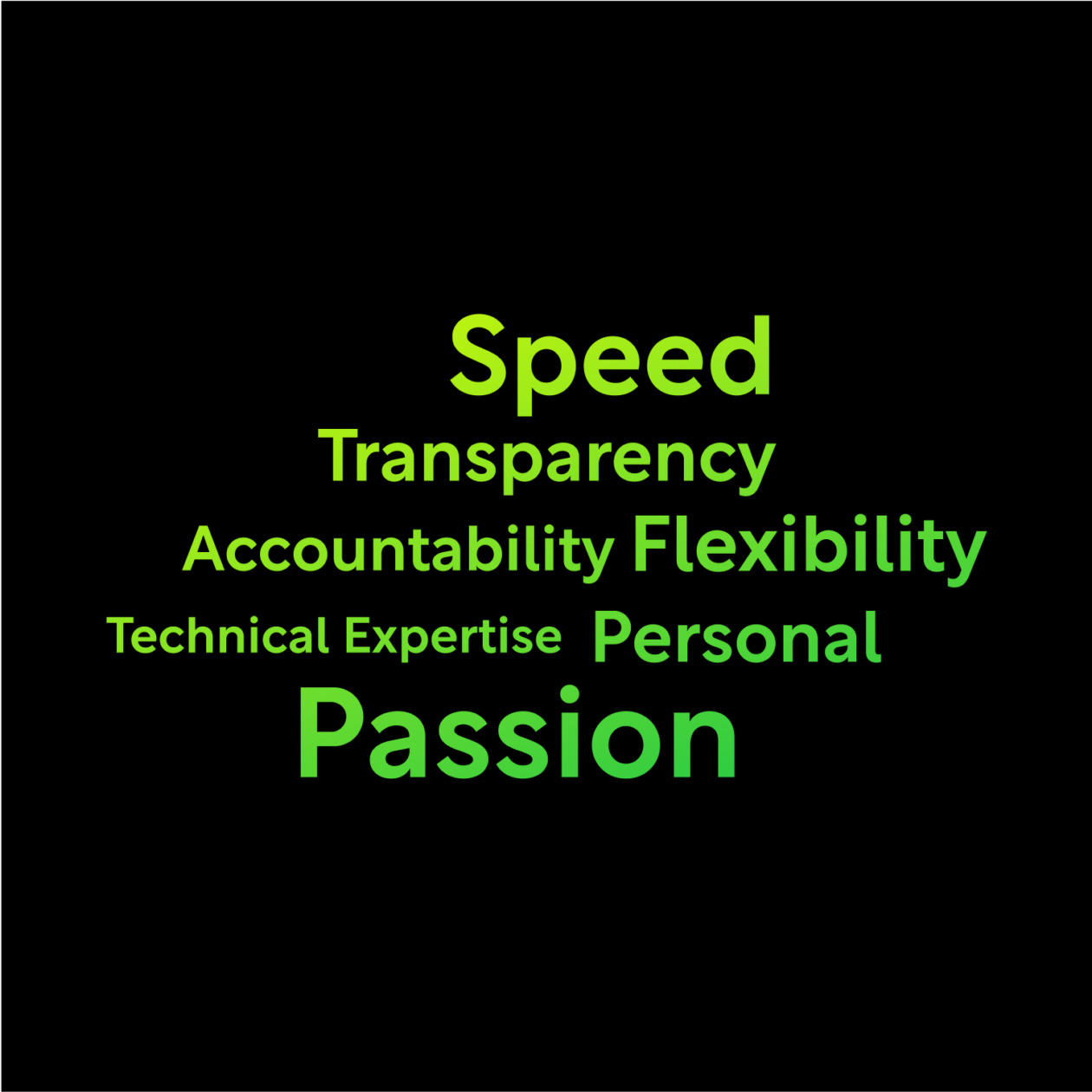 Next Level - Our Values: Passion Speed Transparency Accountability Flexibility Technical Expertise Personal